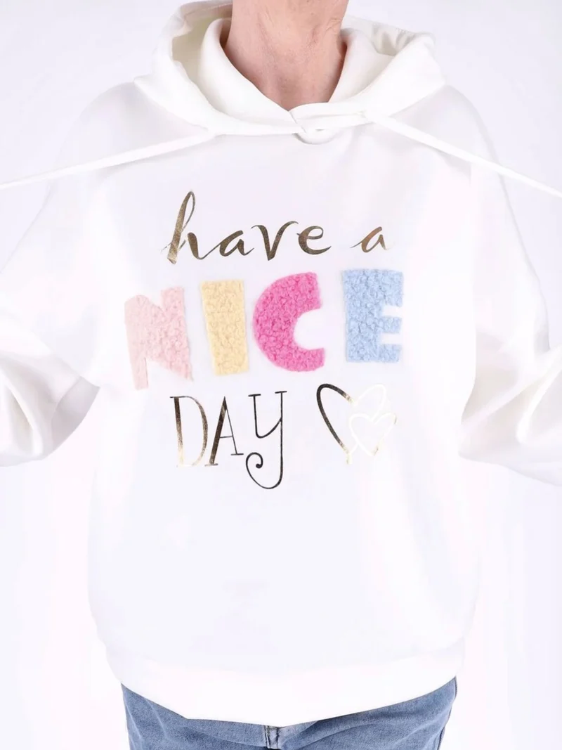 Weißer Damen Oversize Hoodie „have a NICE DAY“ mit Gold-Details