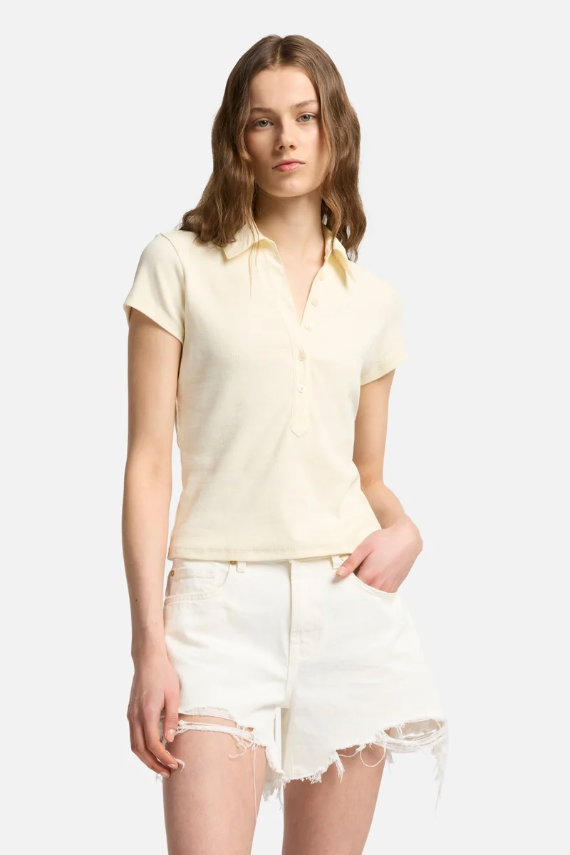 Short Sleeve Ribbed Henley Polo in Ivory