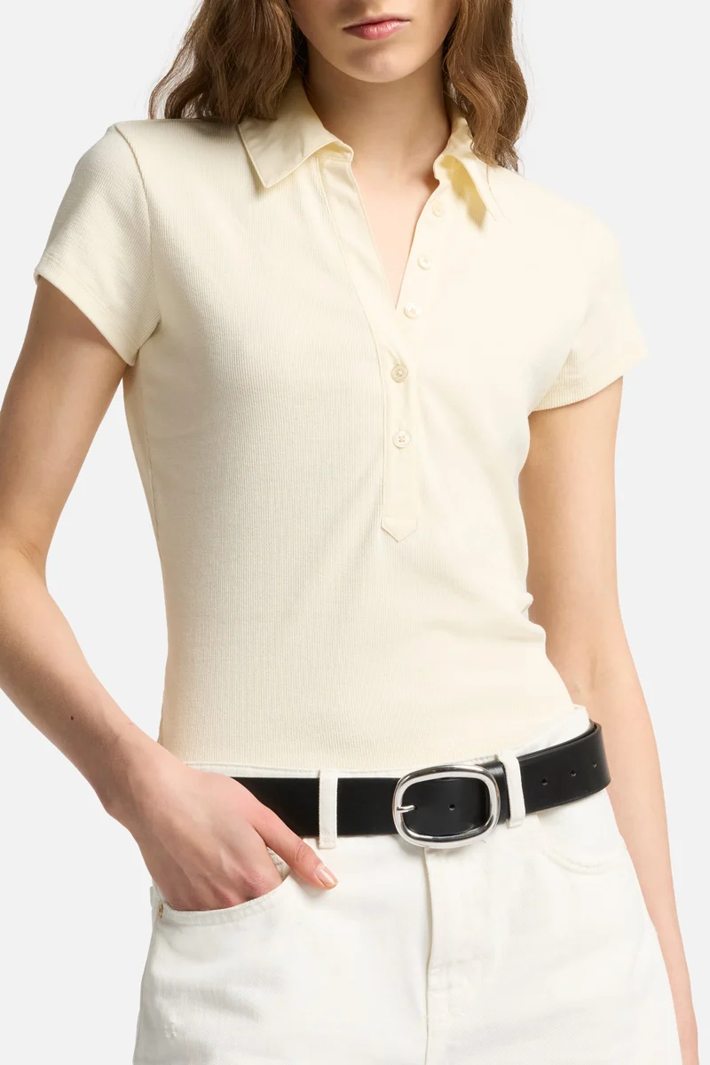 Short Sleeve Ribbed Henley Polo in Ivory