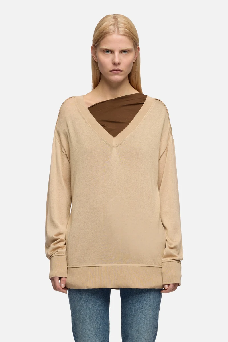 V-NECK SWEATER in Silk Cotton Beige