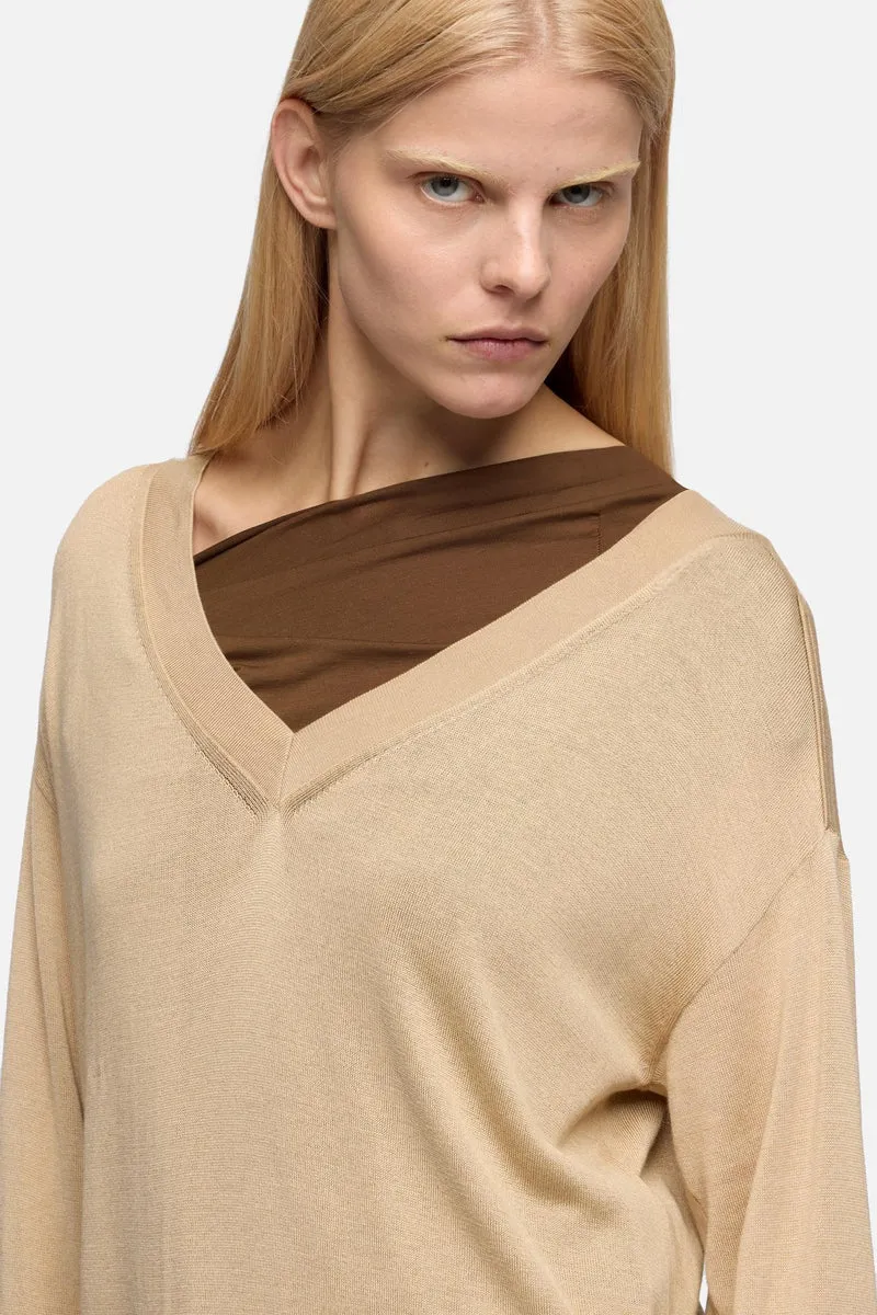 V-NECK SWEATER in Silk Cotton Beige