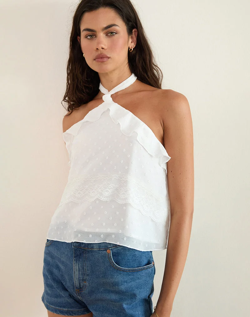 Uran Neckholder-Top aus Dobby-Chiffon-Spitze Weiß