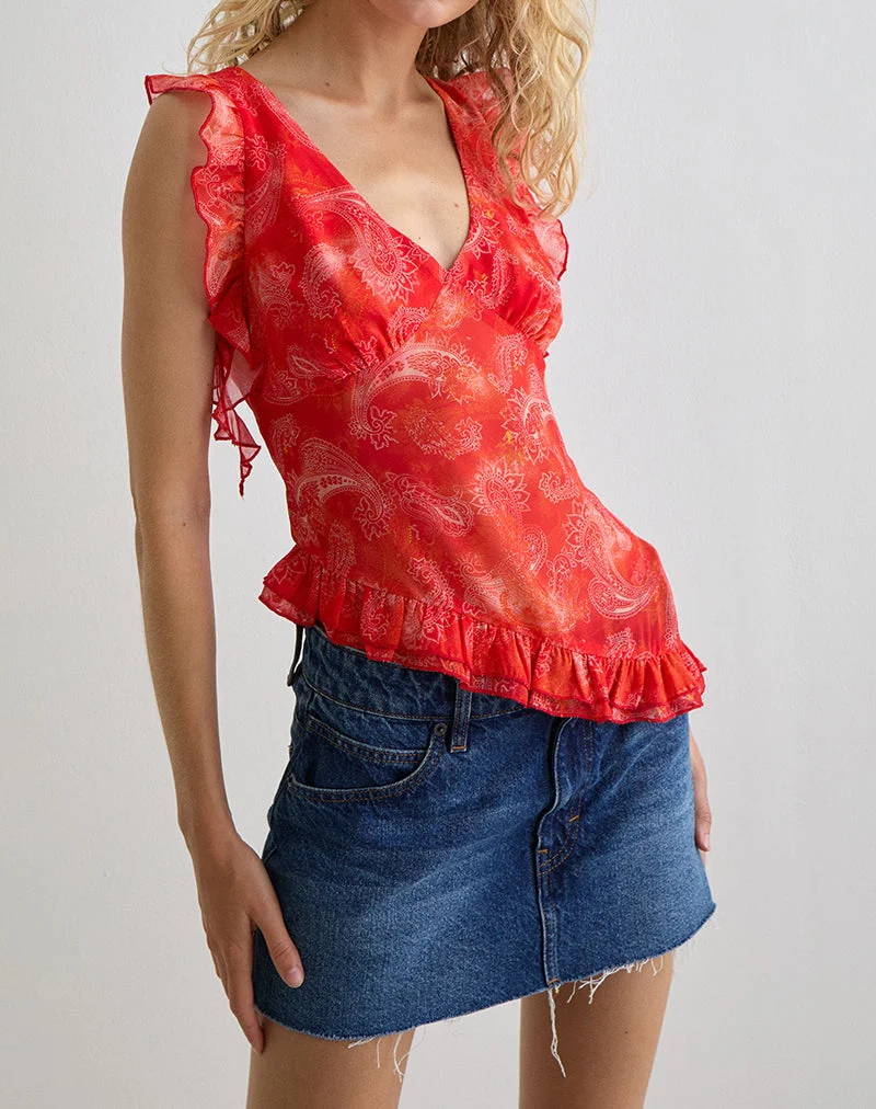 Iravela Asym Oberteil aus Paisley Chiffon Rot