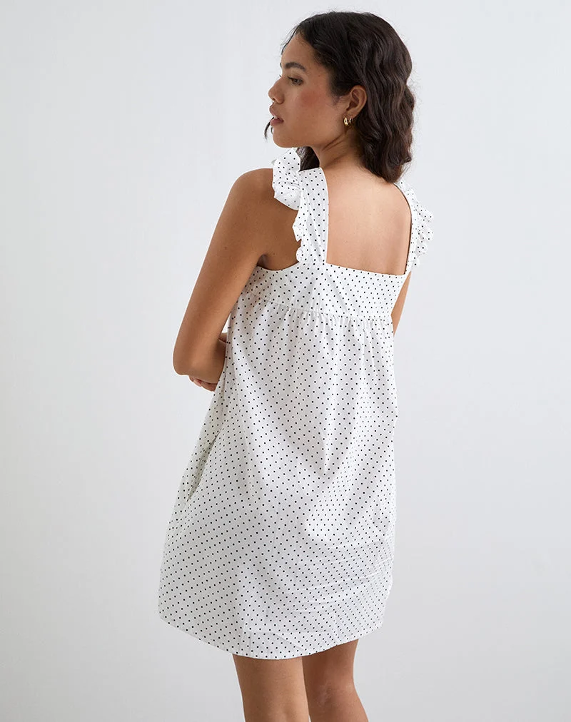 Sanaly Minikleid in Weiß mit schwarzer Mikro-Polka