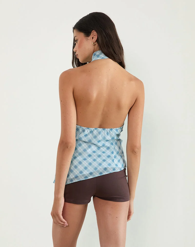 Briva Krawatten-Top in Blurred Check Blau