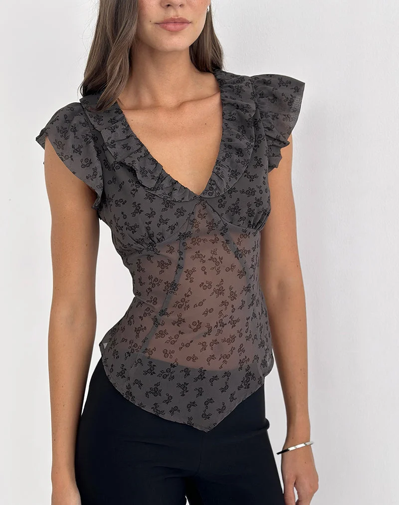 Paquita Top aus Chiffon mit minimalistischen Blumen in Dunkelgrau