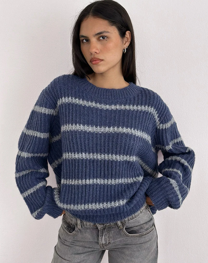Namirta Pullover in Blau mit grauen Streifen