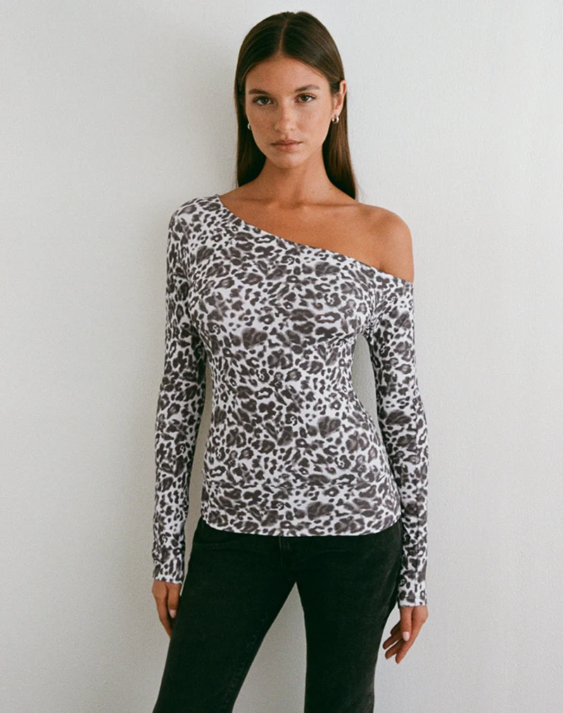 Matiah Off-Shoulder-Top aus Jersey in verschwommenem Leopardenmuster, grau