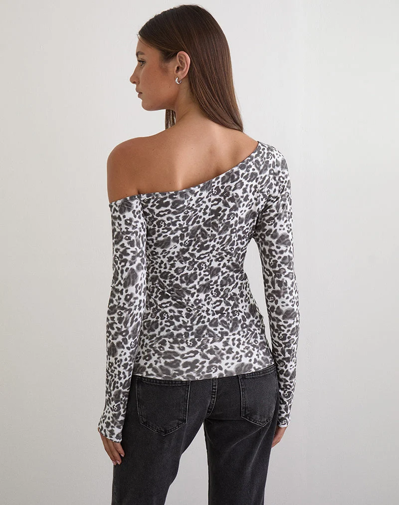 Matiah Off-Shoulder-Top aus Jersey in verschwommenem Leopardenmuster, grau