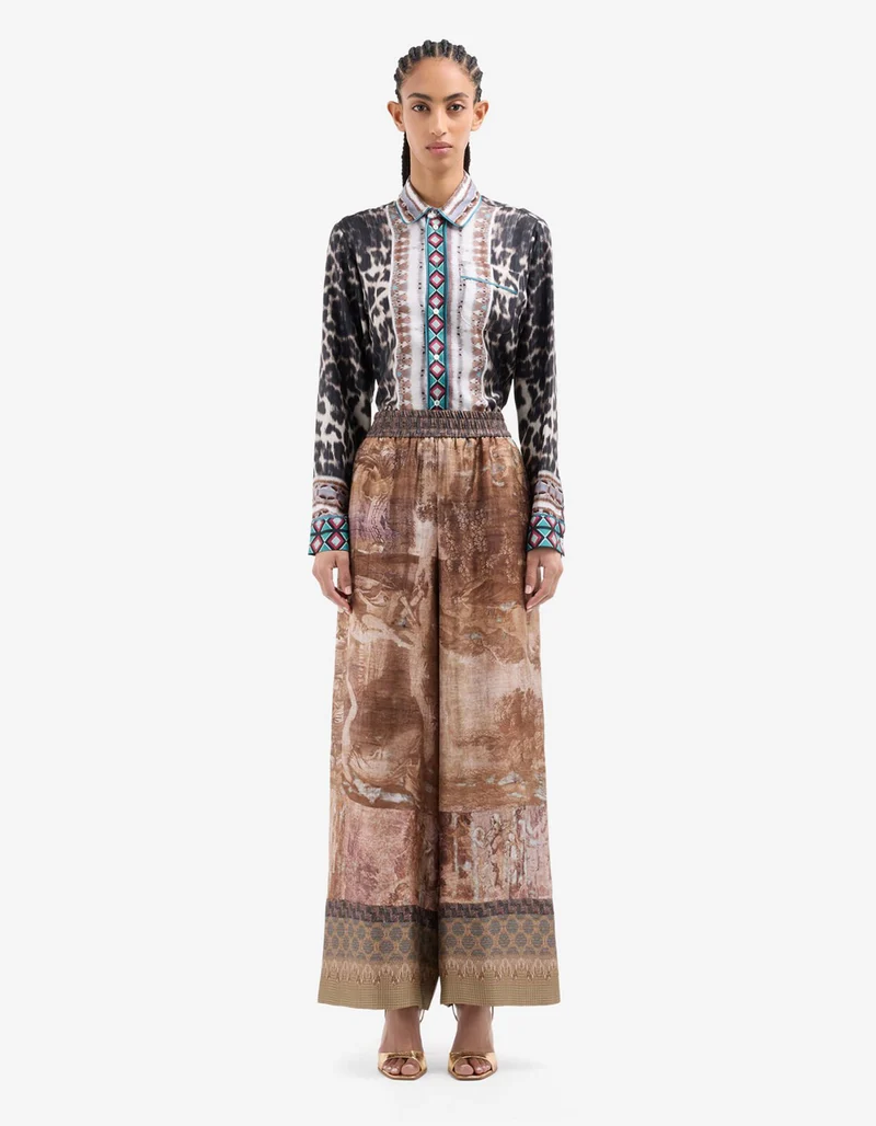Gemusterte Wide-Leg Seiden-Hose