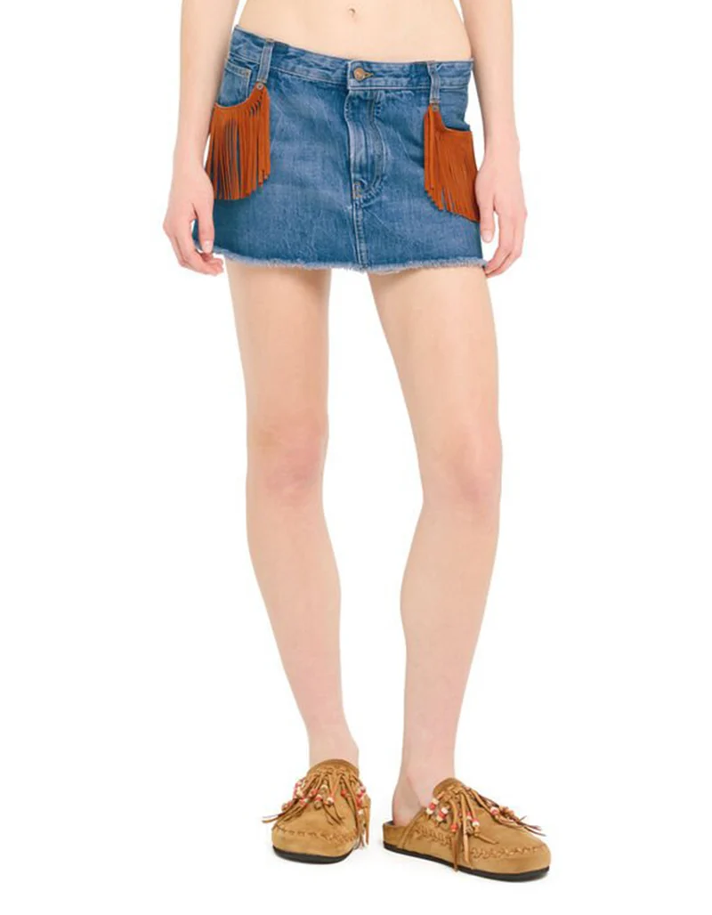 Denim Mini-Rock Golden Dusk mit Leder-Fransen