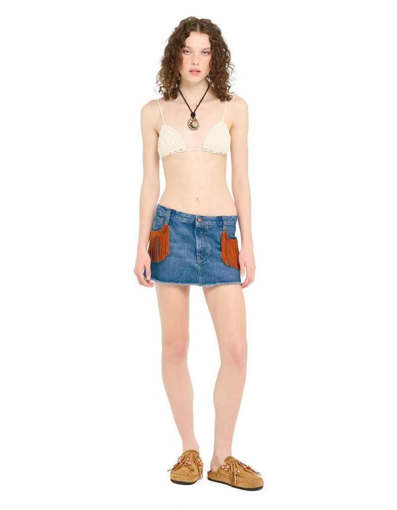 Denim Mini-Rock Golden Dusk mit Leder-Fransen