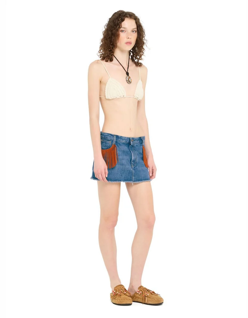 Denim Mini-Rock Golden Dusk mit Leder-Fransen
