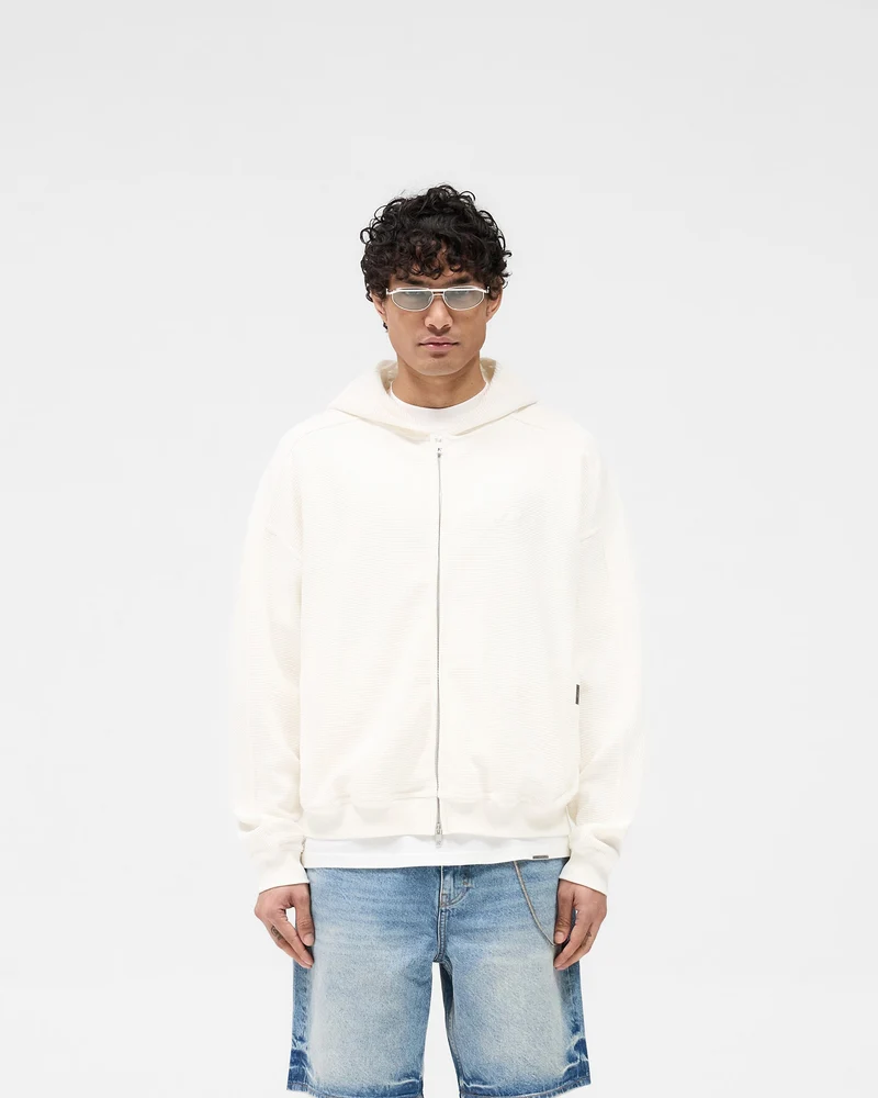 Waffle Zip Through Hoodie - Flat White