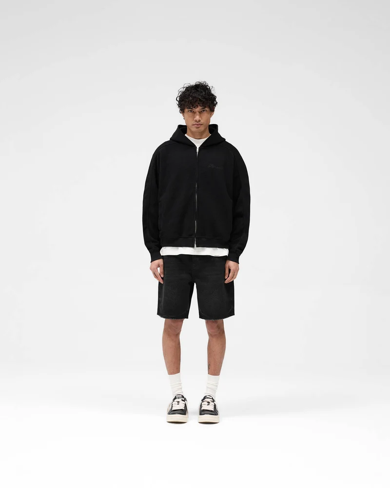 Waffle Zip Through Hoodie - Jet Black