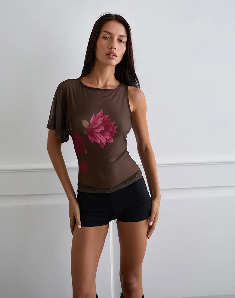 Balsa One Shoulder Top in Braun mit rosa Blumenprint