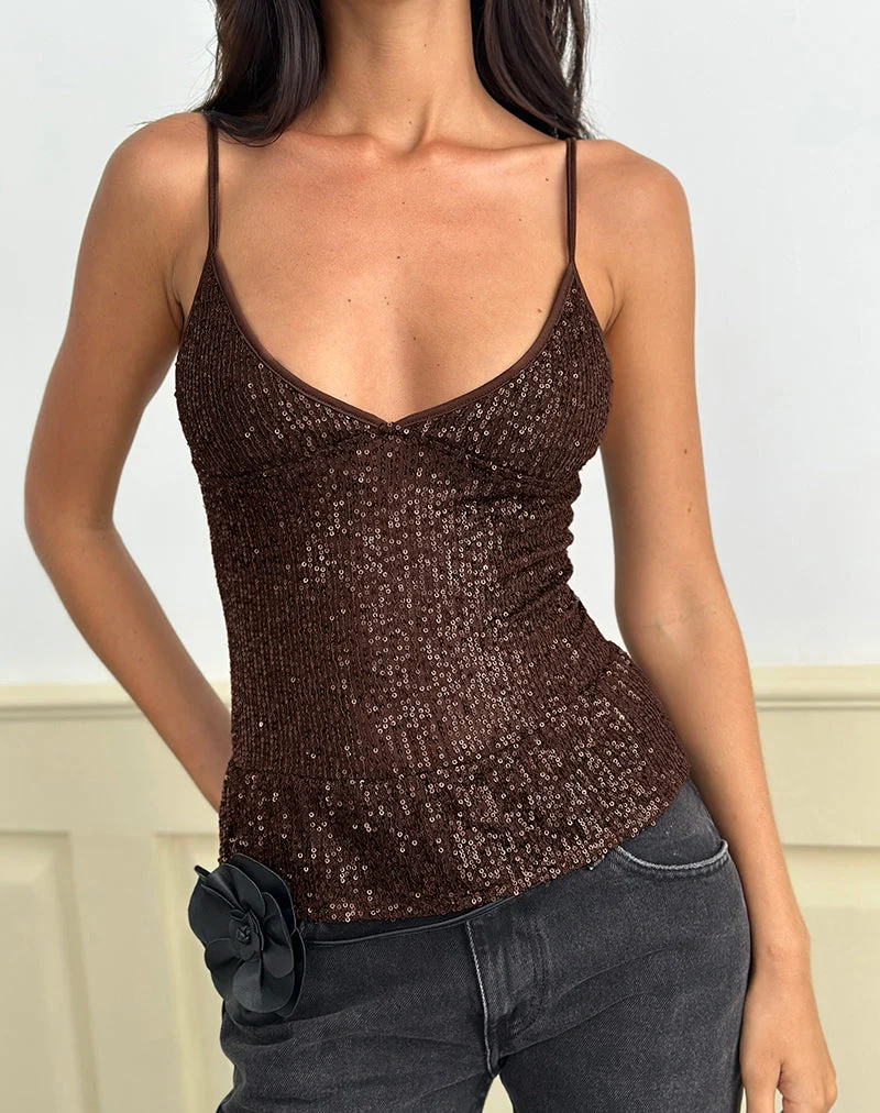 Karka Cami Top in Drape Pailletten Braun