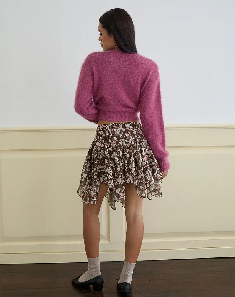 Veny Minirock aus braunem und rosa Polka-Blumen-Chiffon