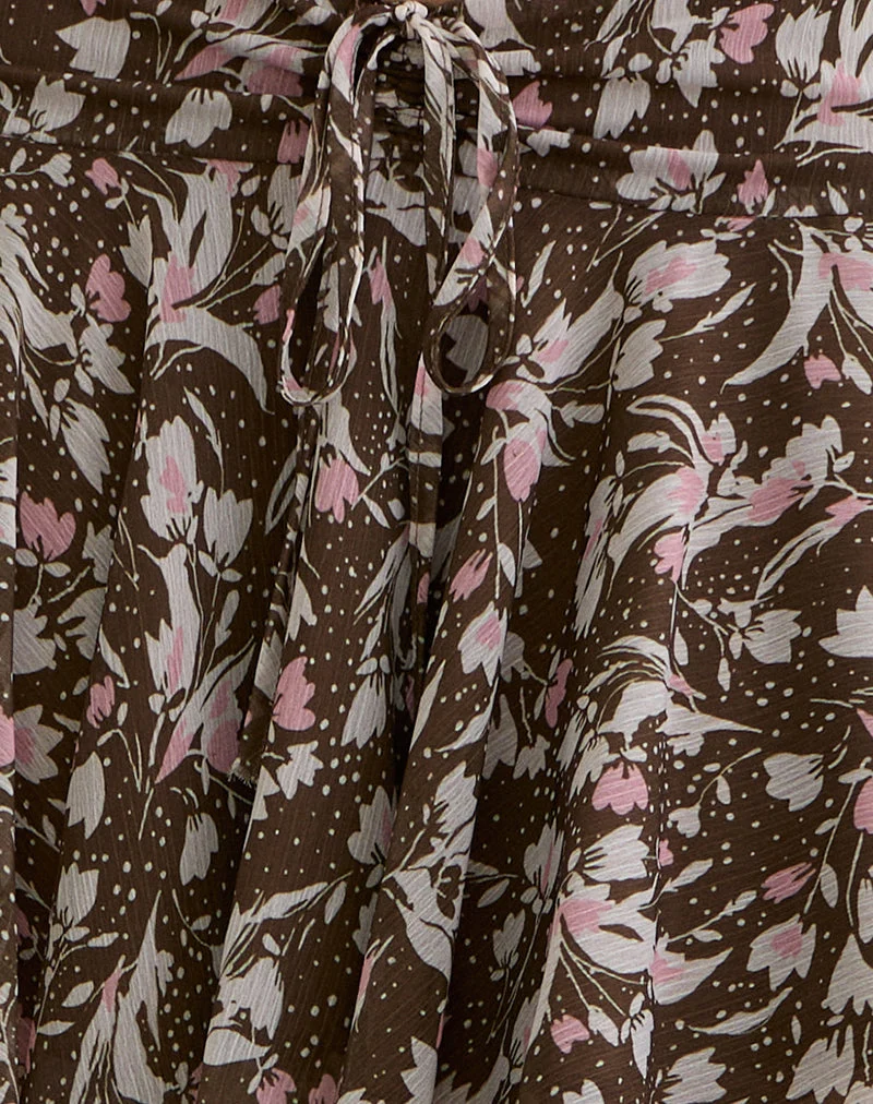 Veny Minirock aus braunem und rosa Polka-Blumen-Chiffon