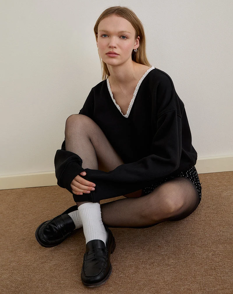 Rodyn Pullover in Schwarz mit weißer Picot-Bindung