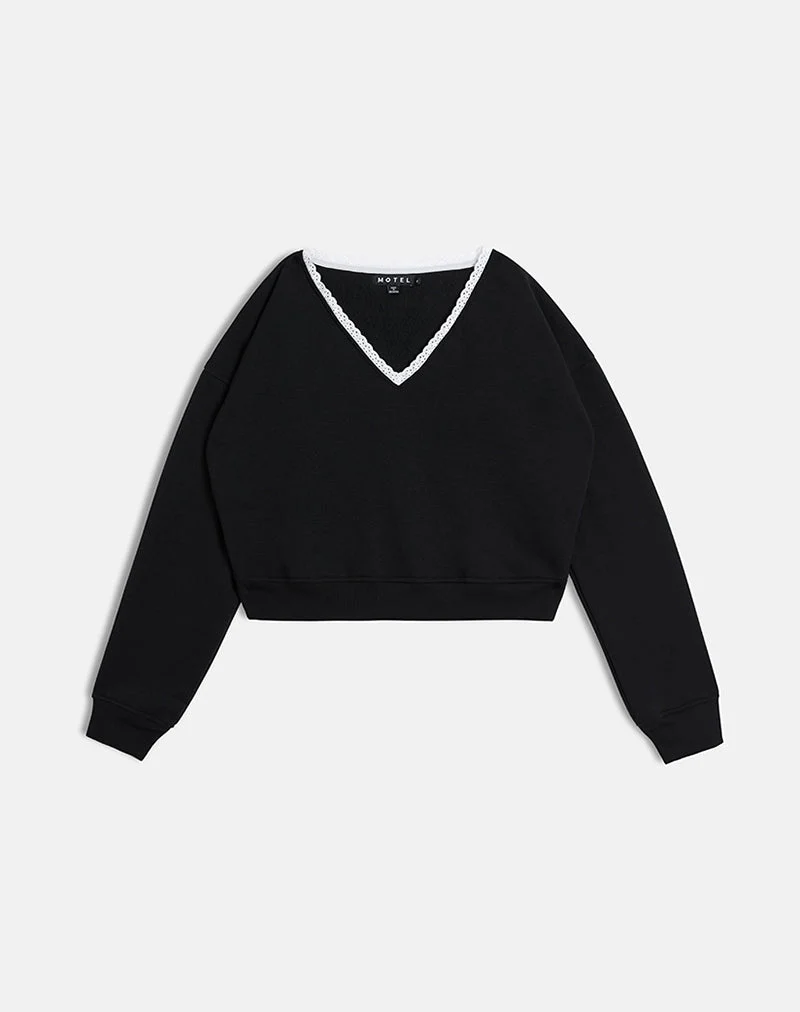 Rodyn Pullover in Schwarz mit weißer Picot-Bindung