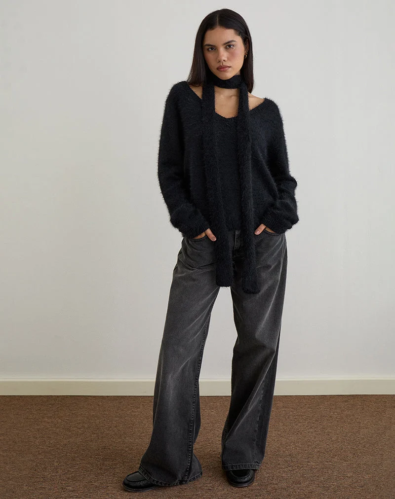 Dikara Pullover mit Schal in Schwarz gestrickt