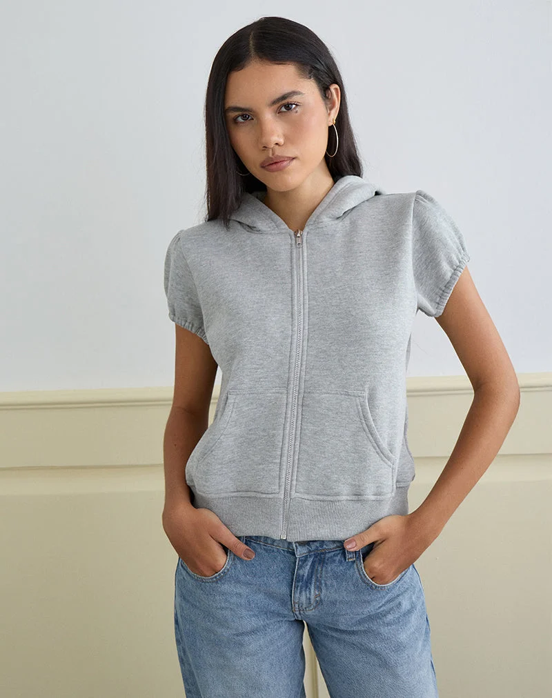Galia Kurzarm-Kapuzenpullover mit Reißverschluss in Grau meliert