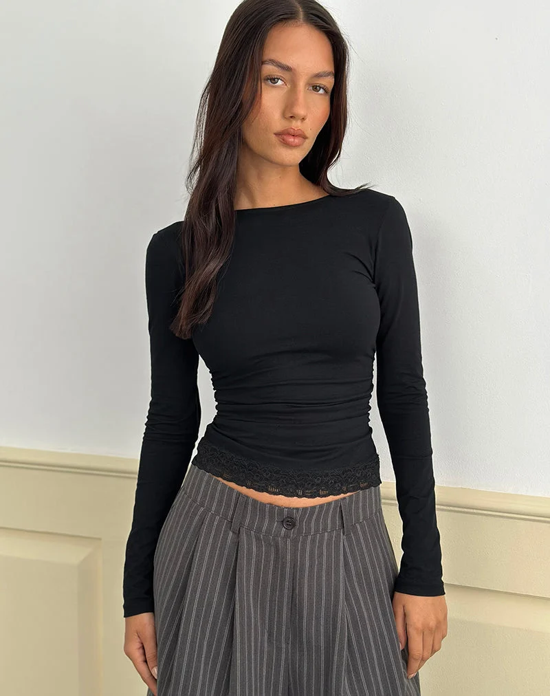 Gomira Langärmeliges Top in Schwarz mit Spitzenbesatz