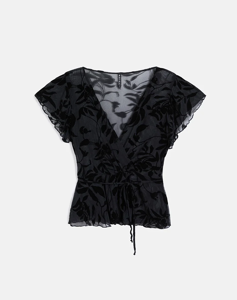 Giuliana Wickeltop aus Flock-Blatt-Blume Schwarz