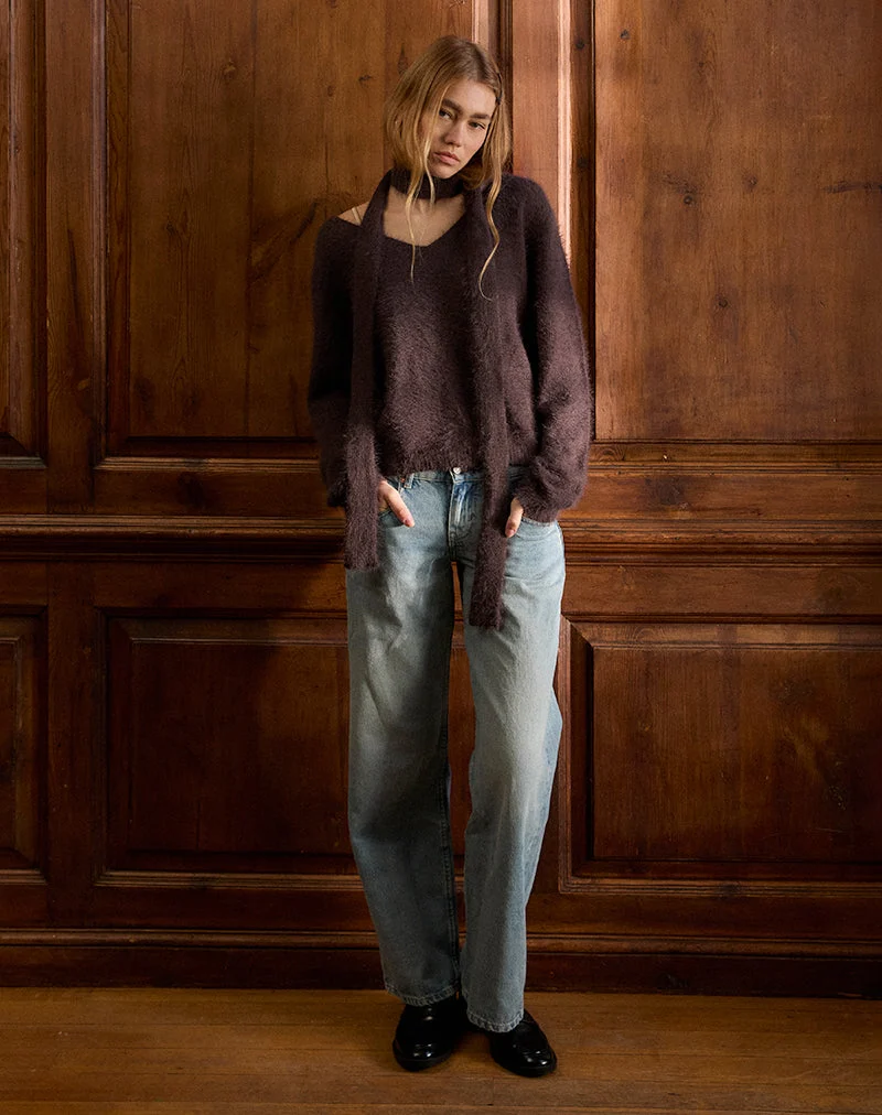 Dikara Pullover mit Schal aus braunem Strick