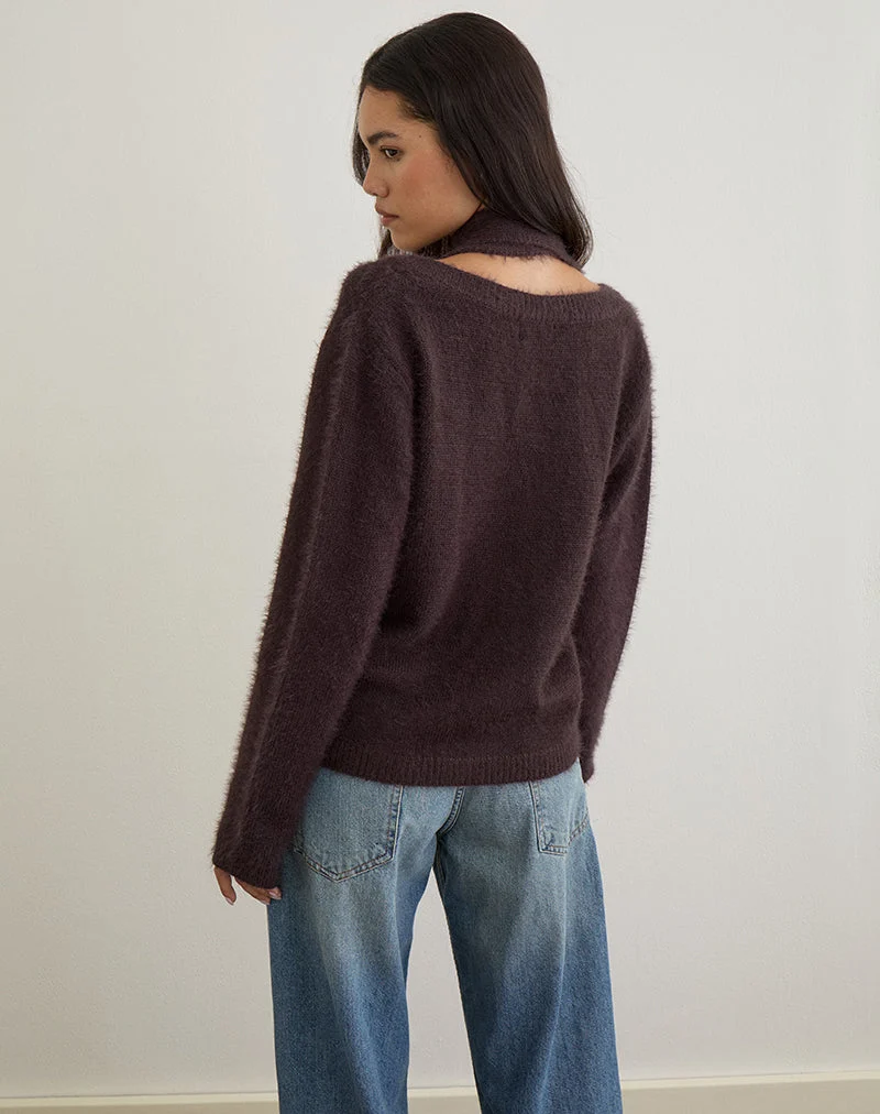 Dikara Pullover mit Schal aus braunem Strick
