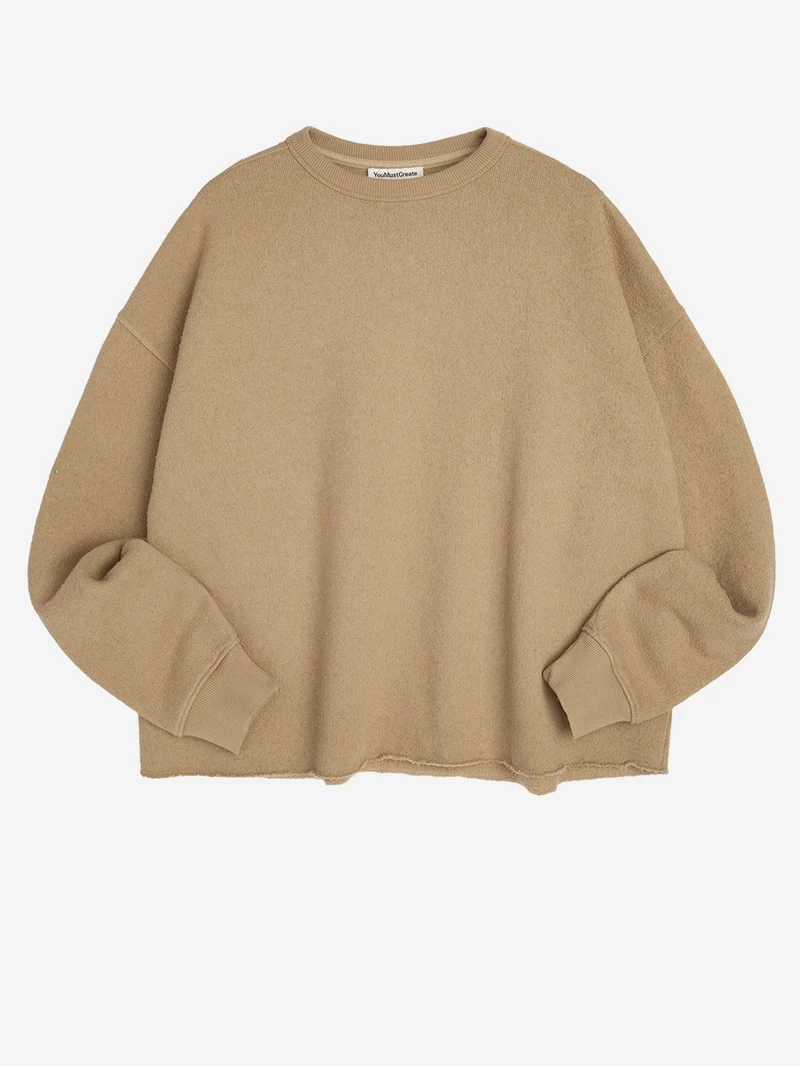 Felpa girocollo beige con finiture a taglio vivo