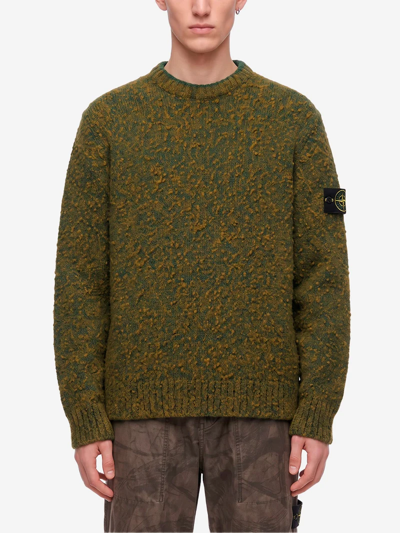 Maglione girocollo verde melange in misto lana con patch