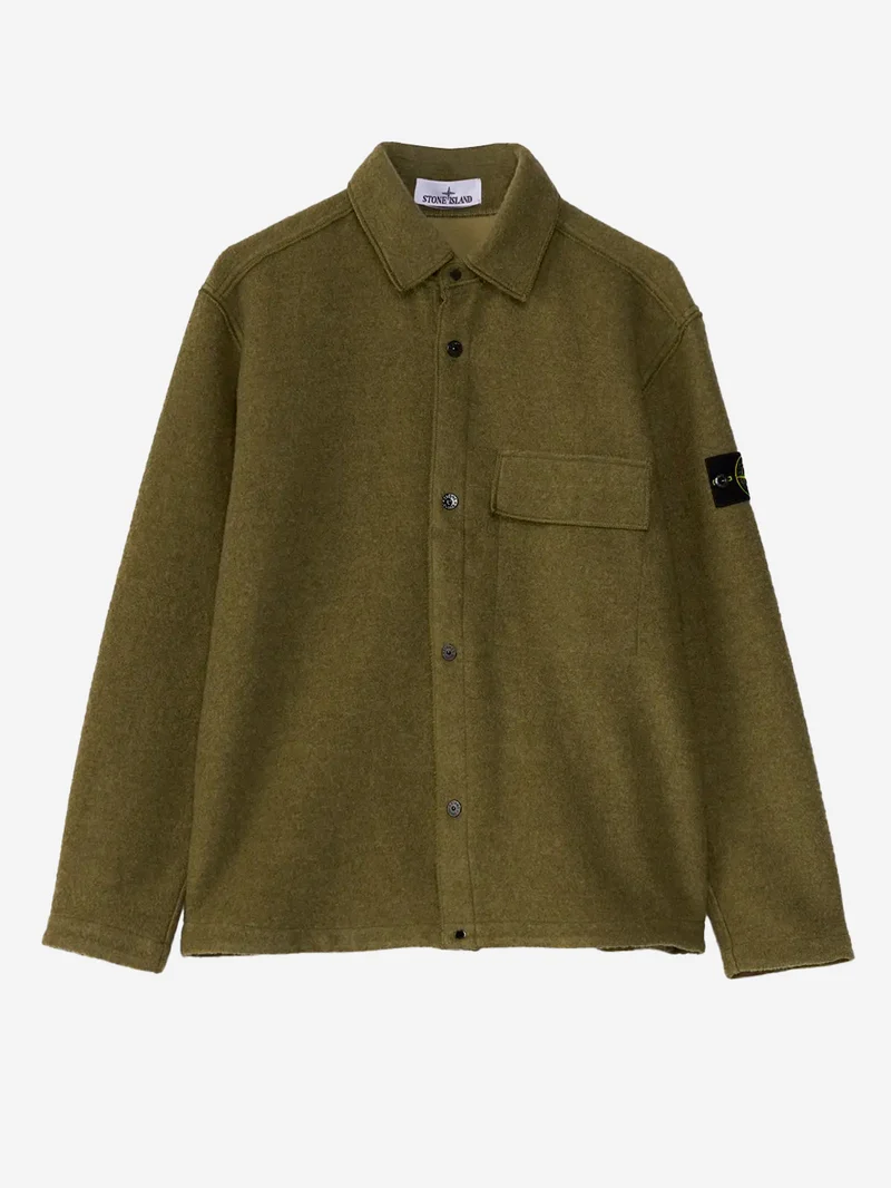 Overshirt verde in micro bouclé di lana e nylon