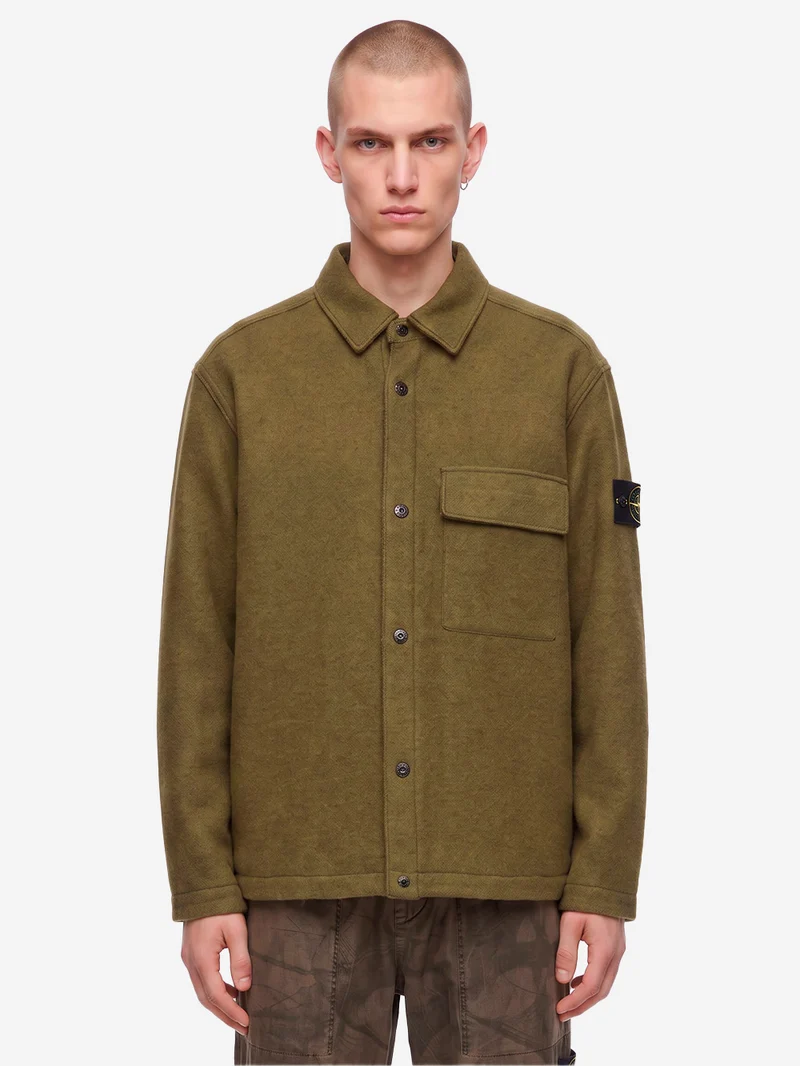 Overshirt verde in micro bouclé di lana e nylon