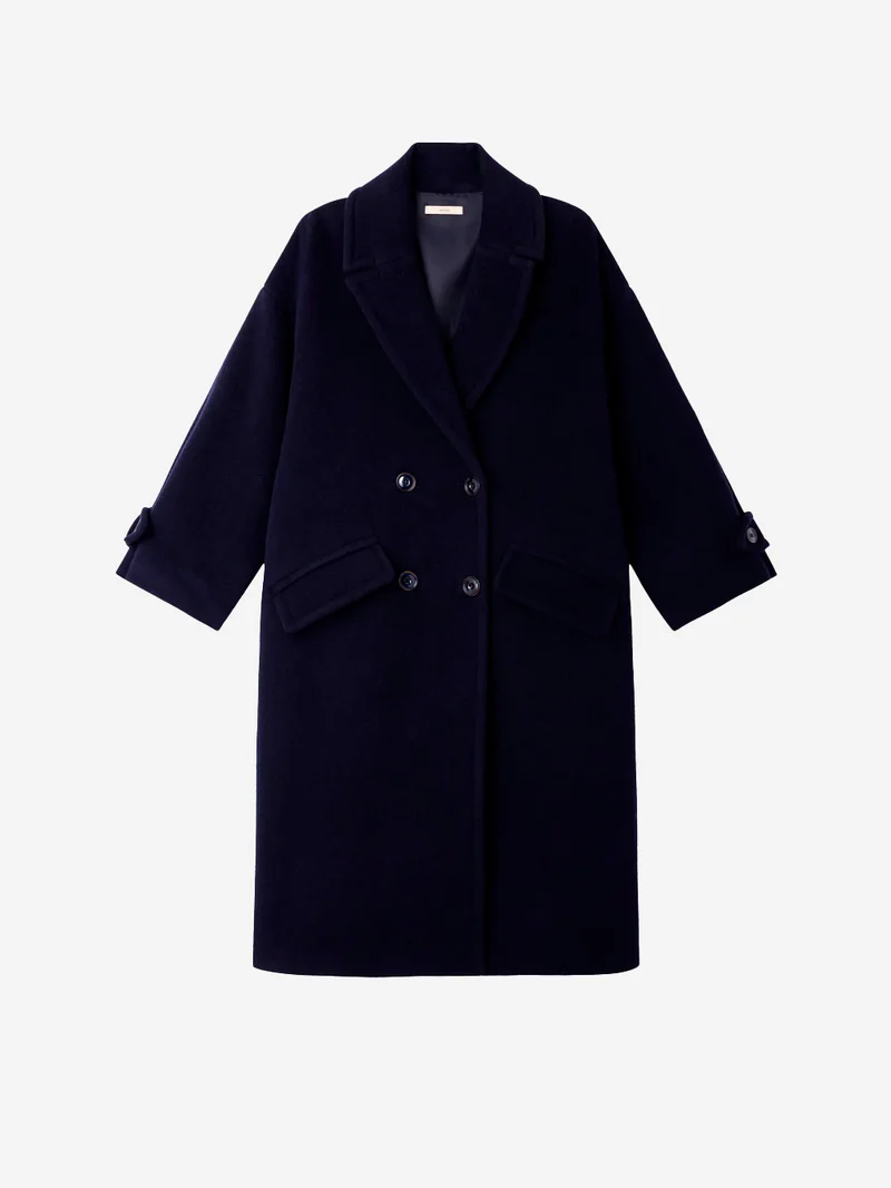 Cappotto lungo doppiopetto 'Mia' in misto lana blu