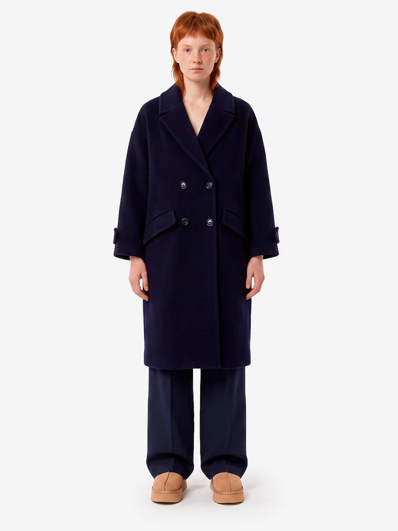 Cappotto lungo doppiopetto 'Mia' in misto lana blu