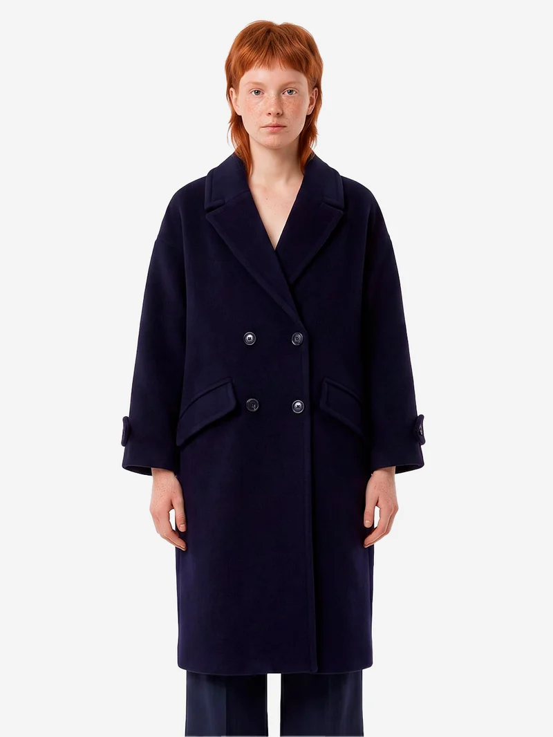Cappotto lungo doppiopetto 'Mia' in misto lana blu