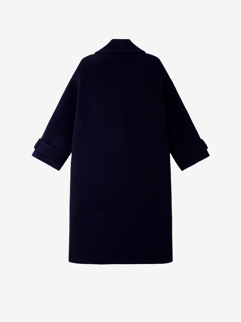Cappotto lungo doppiopetto 'Mia' in misto lana blu