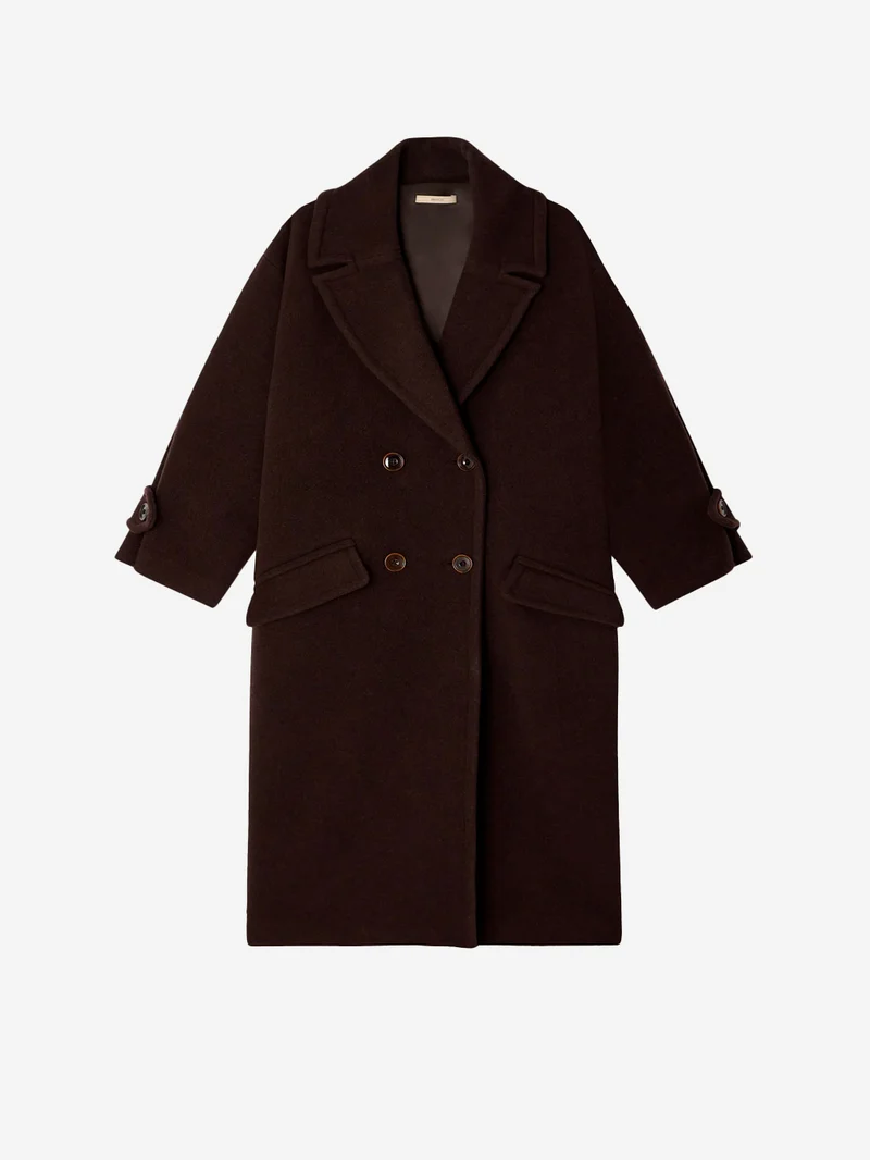 Cappotto lungo doppiopetto 'Mia' in misto lana marrone