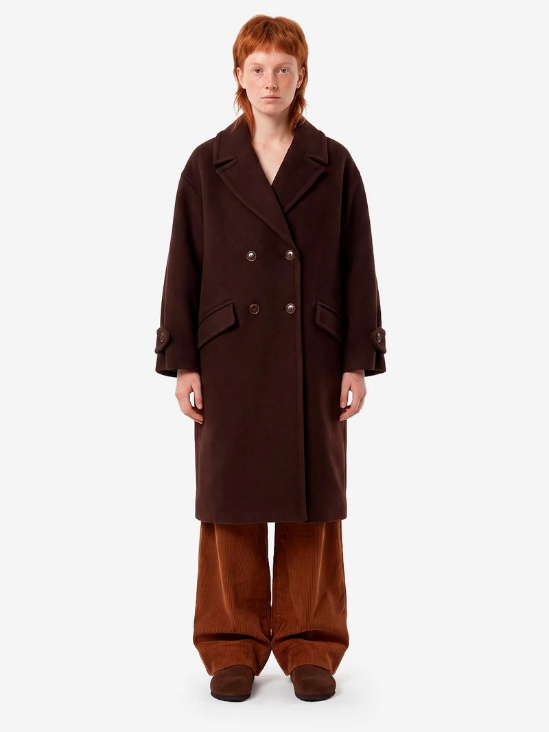 Cappotto lungo doppiopetto 'Mia' in misto lana marrone