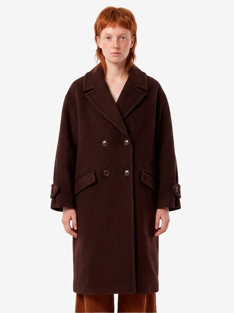 Cappotto lungo doppiopetto 'Mia' in misto lana marrone