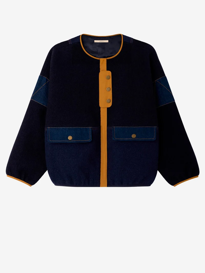 Giacca in lana cotta blu con inserti in denim