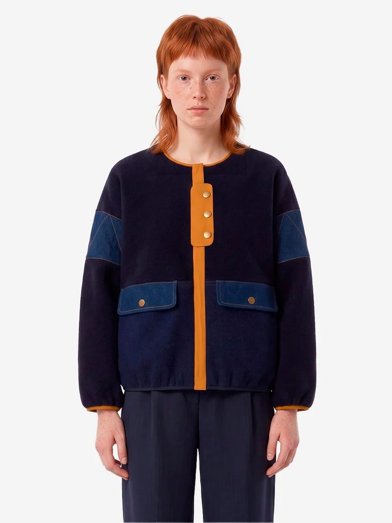 Giacca in lana cotta blu con inserti in denim