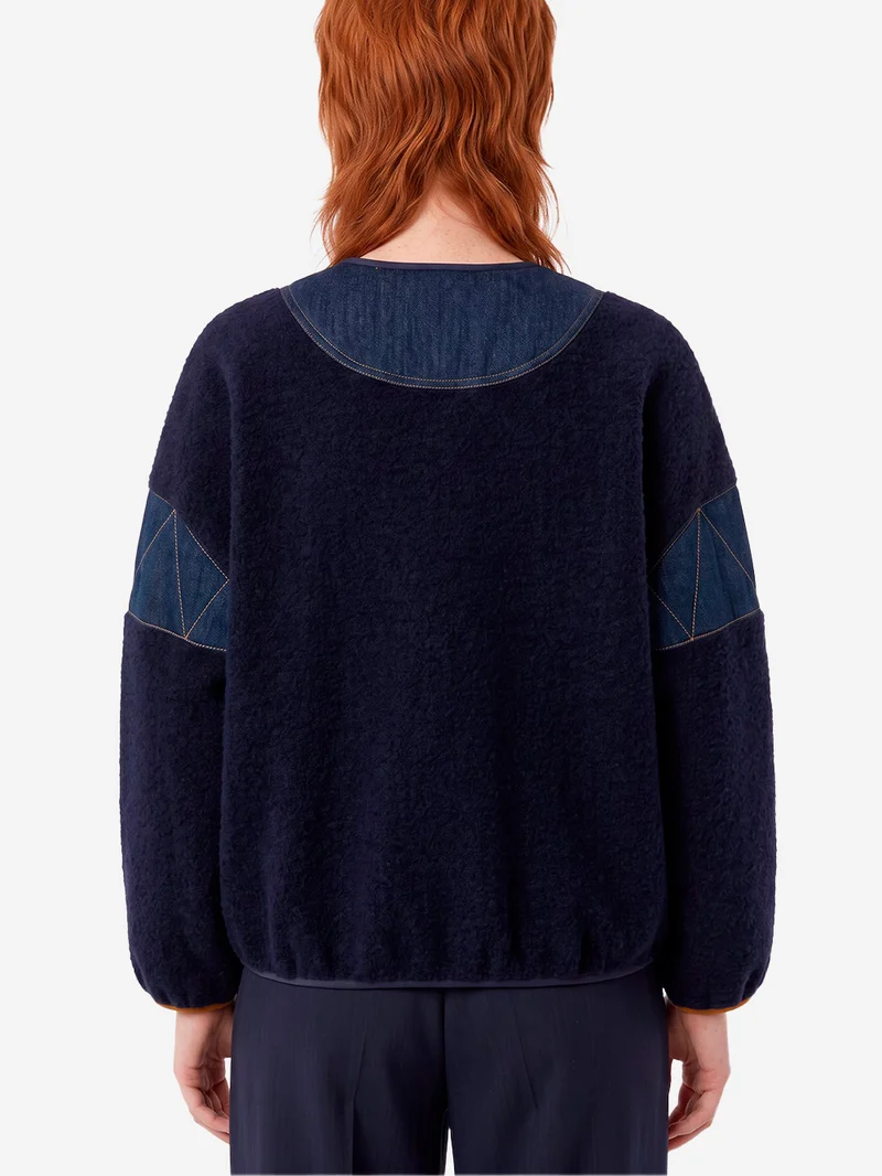 Giacca in lana cotta blu con inserti in denim