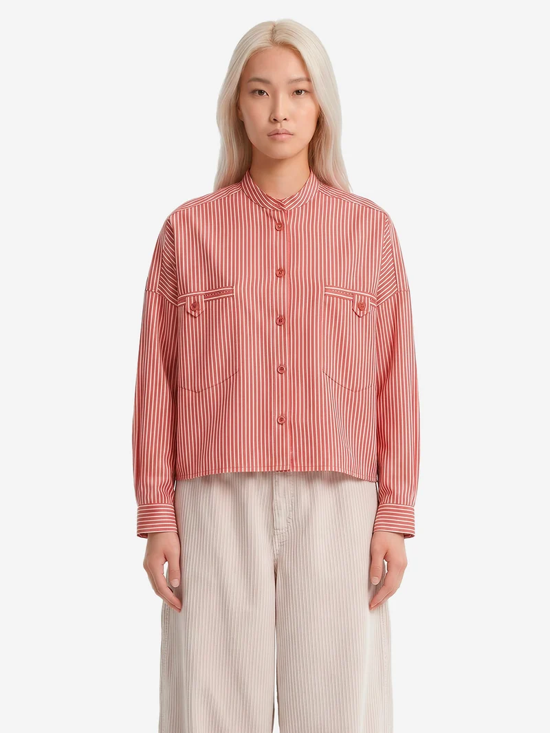 Camicia a righe corta con tasche a filetto
