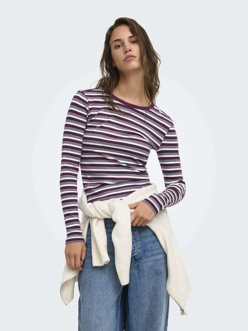 ONLVAL L/S O-NECK STRIPE TOP JRS, Fig/Dusty blue + cd + navy blazer (