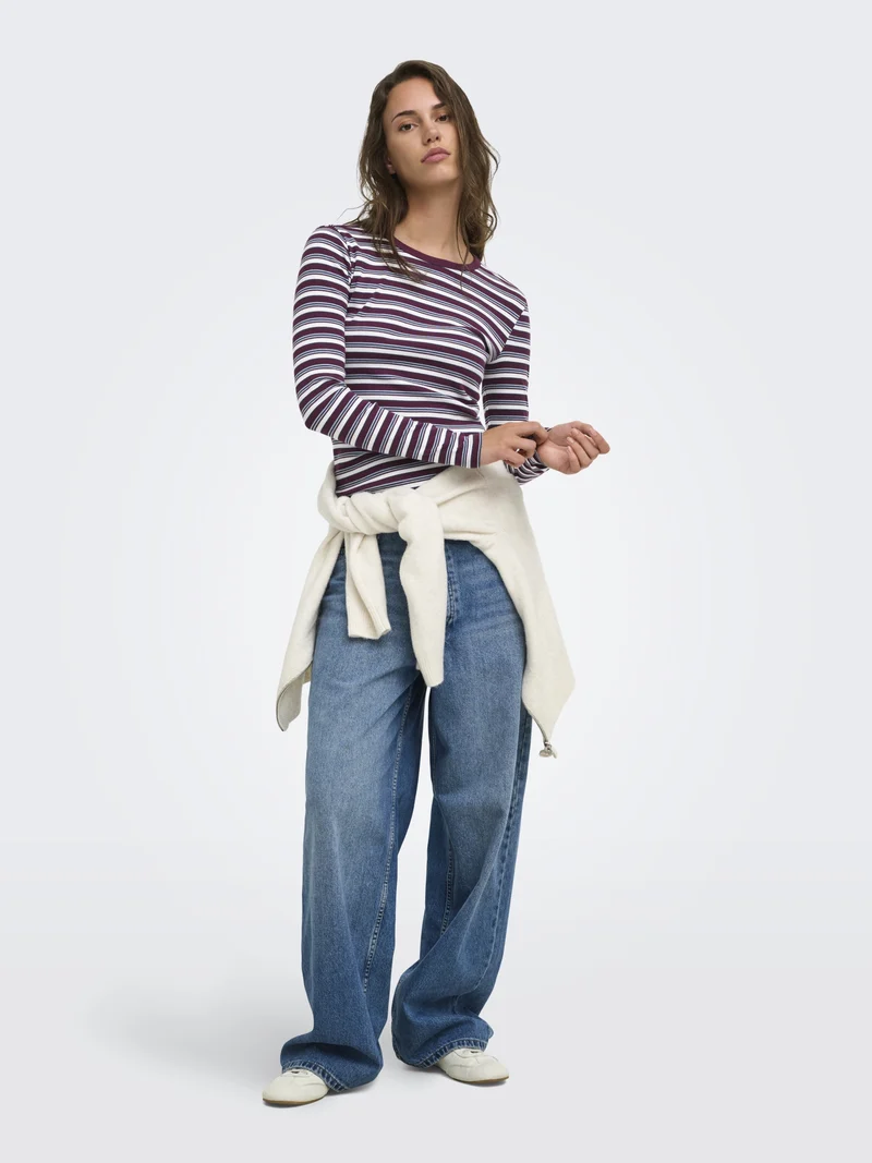 ONLVAL L/S O-NECK STRIPE TOP JRS, Fig/Dusty blue + cd + navy blazer (