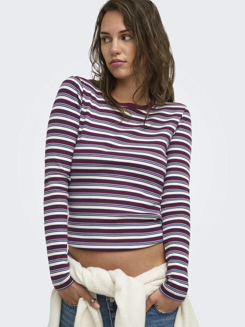 ONLVAL L/S O-NECK STRIPE TOP JRS, Fig/Dusty blue + cd + navy blazer (