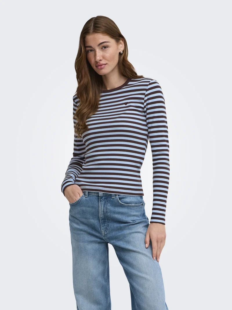 ONLVAL L/S O-NECK STRIPE TOP JRS, Coffee Bean/Cashmereblue (mette) +